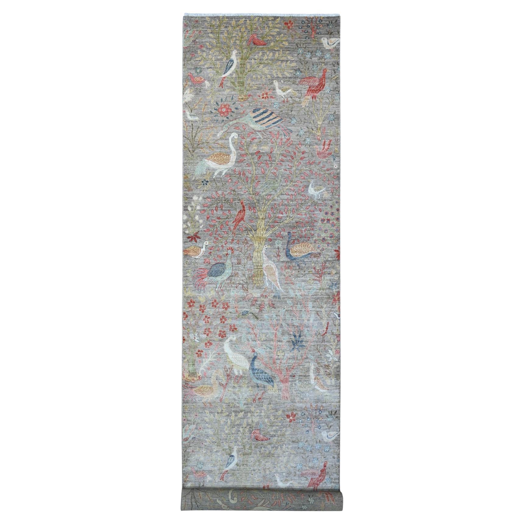 Grauer, handgeknüpfter, breiter, orientalischer Peshawar-Läufer aus reiner Wolle, 4'2" x 19'11"