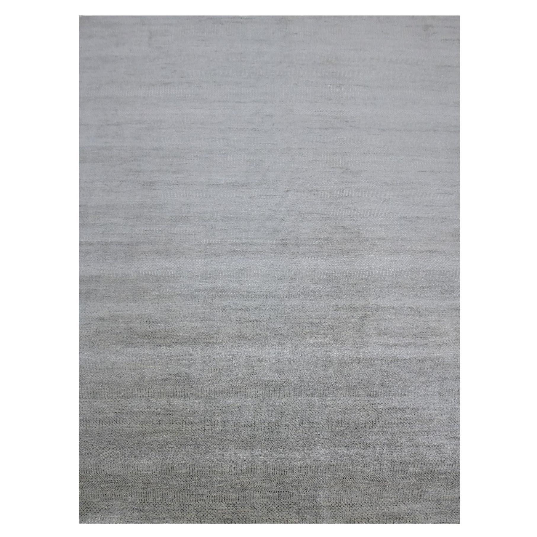 Alfombra Oriental Gris Anudada a Mano Tono sobre Tono Diseño Hierba Lana Pura Tejido Más Denso