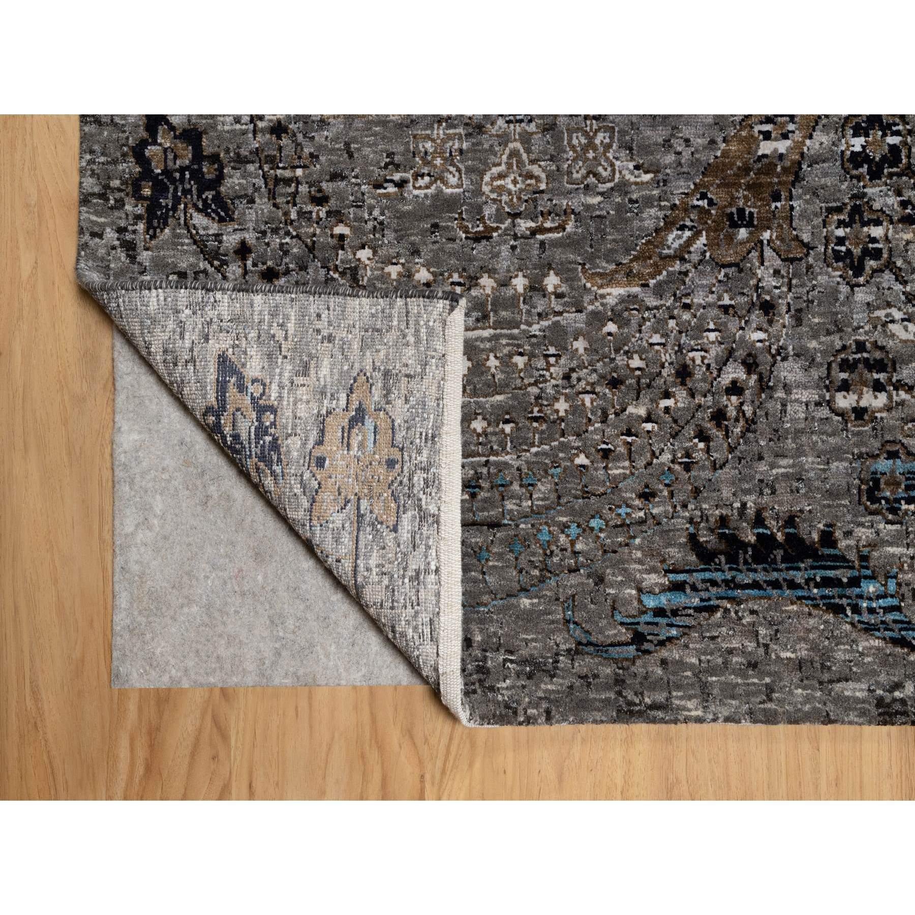Grauer handgeknüpfter Orientteppich aus Seide mit Übergangsdesign und Wolle in Grau 10' x 14'0