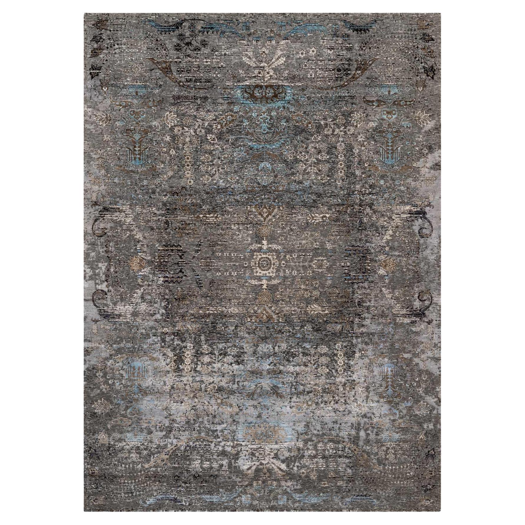 Grauer handgeknüpfter Orientteppich aus Seide mit Übergangsdesign und Wolle in Grau 10' x 14'0"