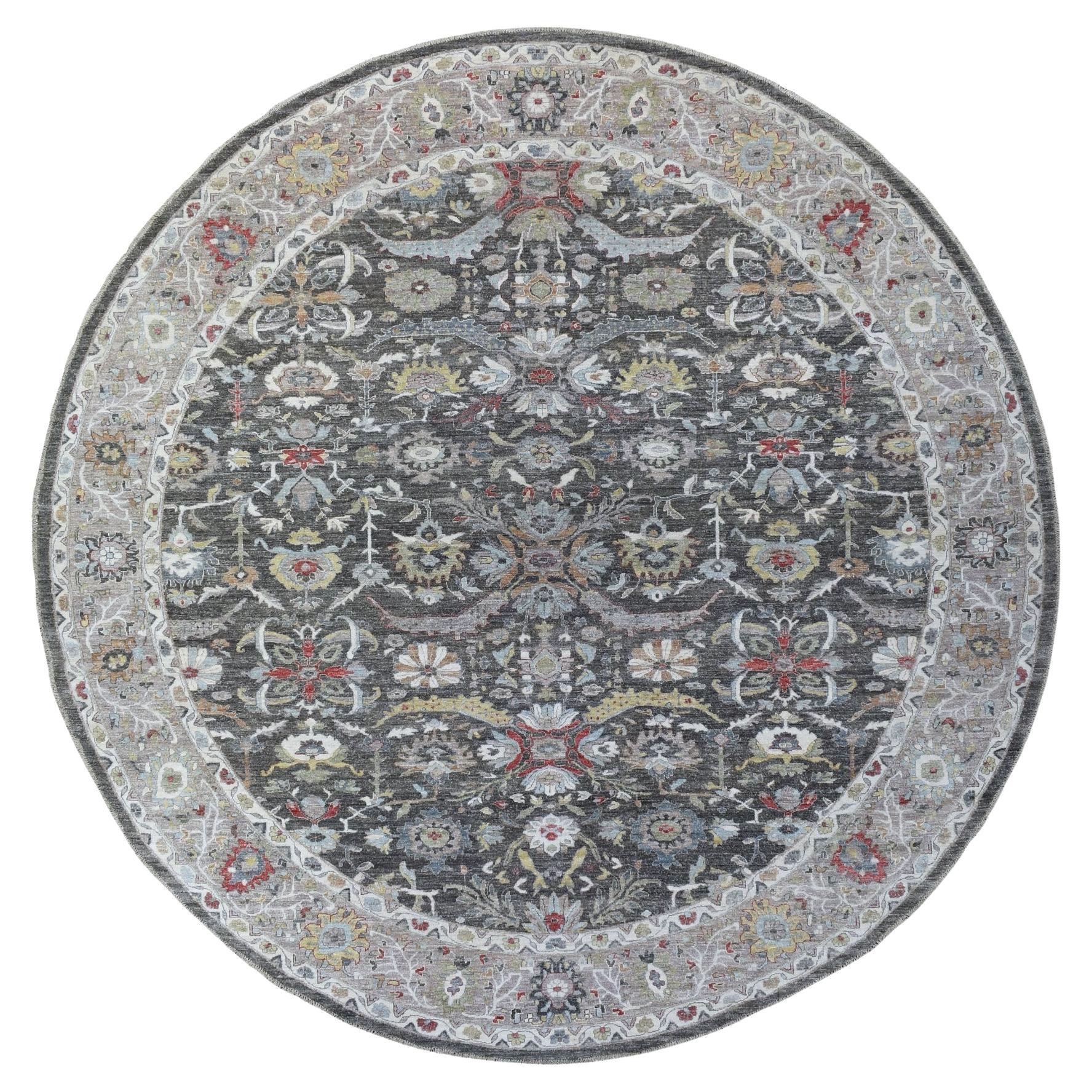 Grauer handgeknüpfter, lebhafter, runder Teppich aus reiner Wolle aus Peshawar in Grau 10'7" x 10'7"