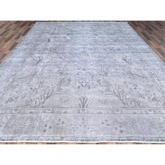 Gray Hand Knotted Vintage Zoroastrian Tebraz Silver Wash Worn Down Pure Wool Rug