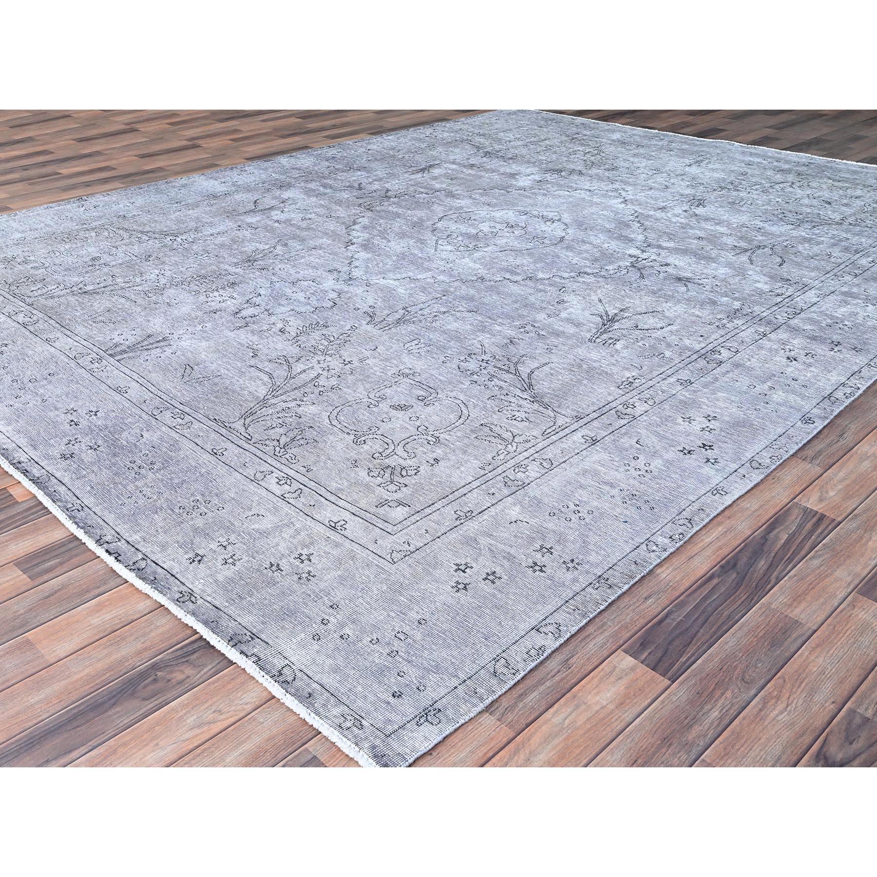 Medieval Gray Hand Knotted Vintage Persian Tabriz Silver Wash Worn Down Pure Wool Rug For Sale