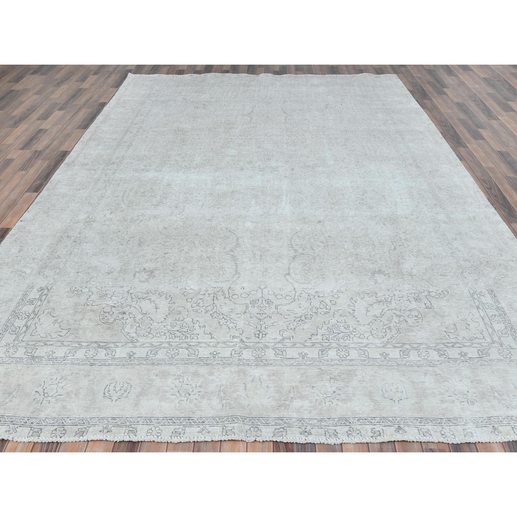 Hand-Knotted Gray Hand Knotted Vintage Persian Tabriz Worn Wool Cropped Thin Distressed Rug For Sale