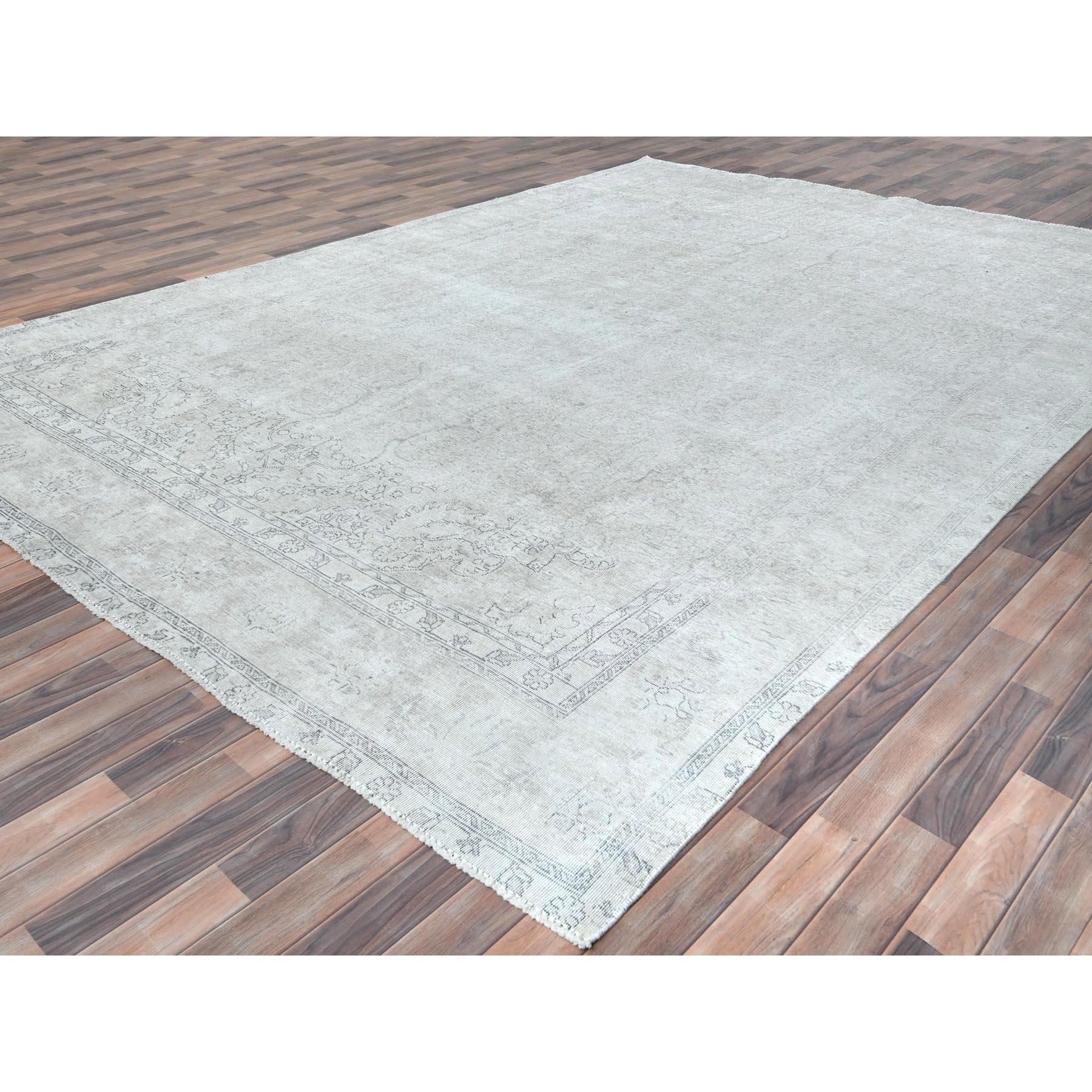 Gray Hand Knotted Vintage Persian Tabriz Worn Wool Cropped Thin Distressed Rug In Good Condition For Sale In Carlstadt, NJ