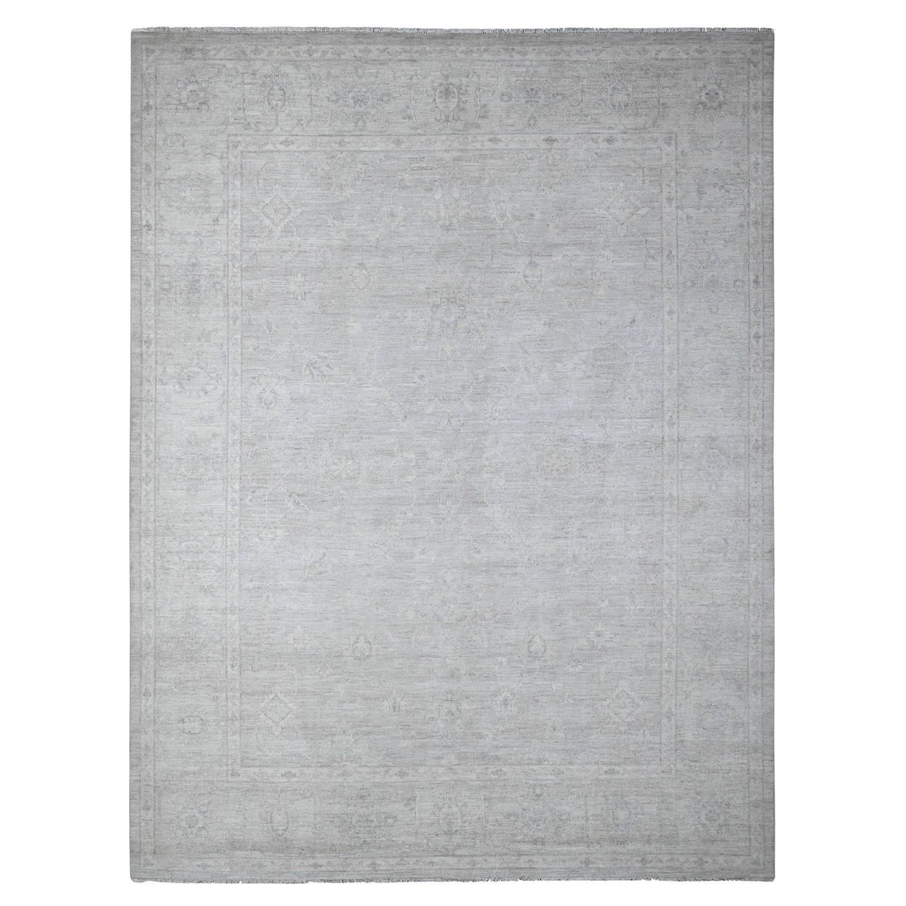 Gray Hand Knotted Washed Out Peshawar Shiny Wool Oriental Rug 8'10" x 11'6"
