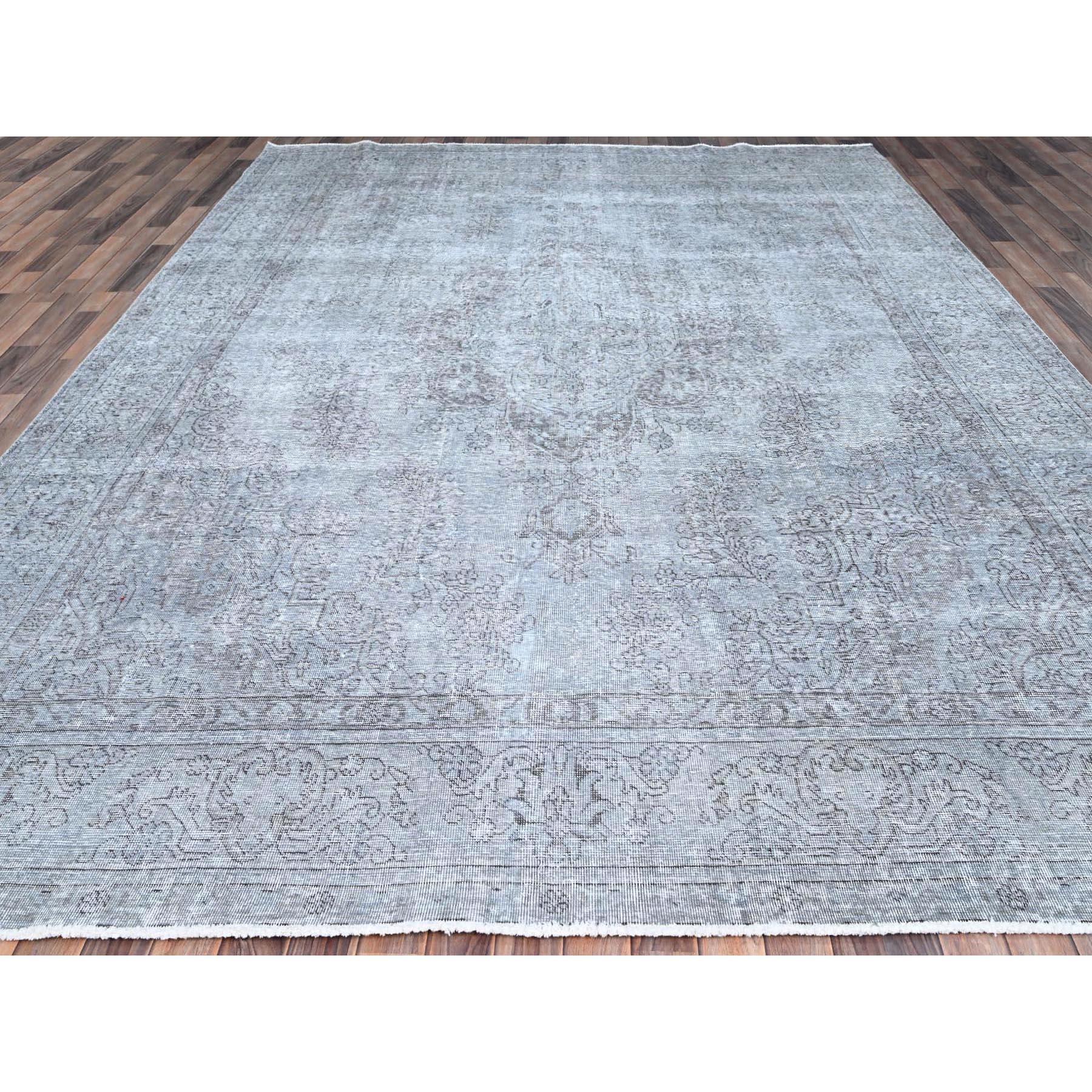 Medieval Gray Hand Knotted Wool Clean Vintage Persian Tabriz Worn Down Rustic Feel Rug For Sale