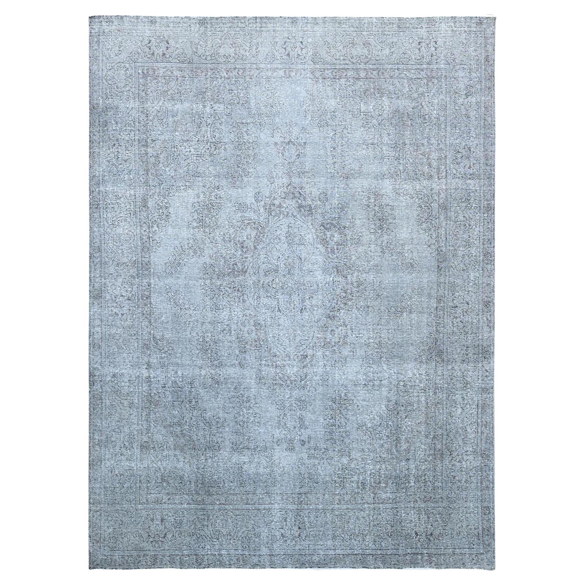 Gray Hand Knotted Wool Clean Vintage Persian Tabriz Worn Down Rustic Feel Rug For Sale