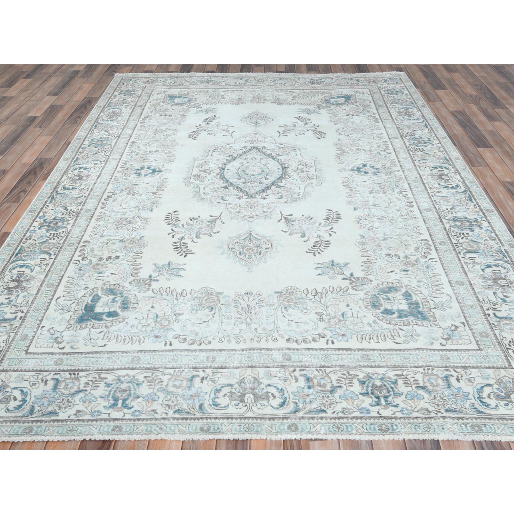 Hand-Knotted Gray Hand Knotted Worn Wool Vintage Persian Tabriz Distressed Look Oriental Rug