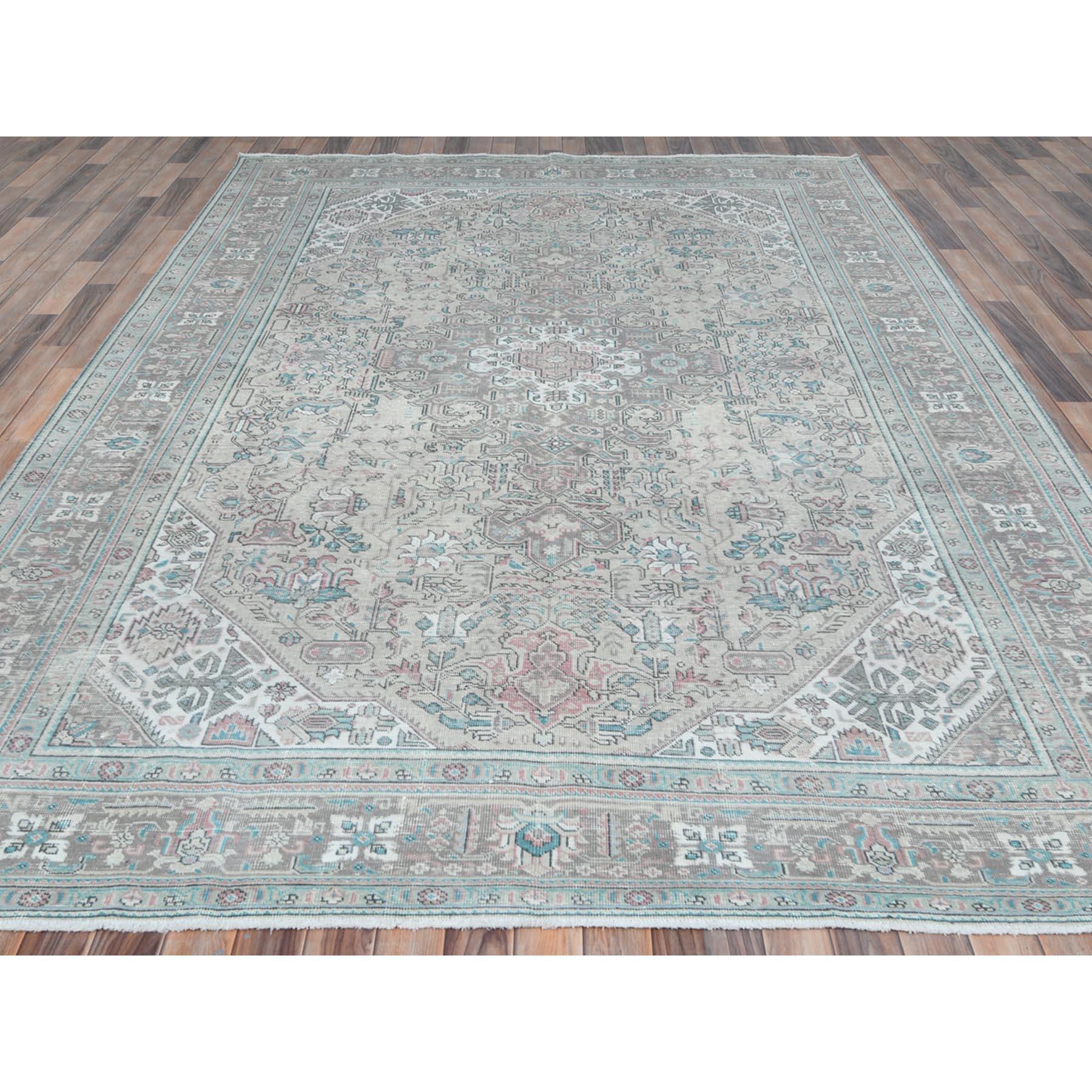 Hand-Knotted Grey Hand Knotted Worn Wool Vintage Persian Tabriz Distressed Look Oriental Rug For Sale