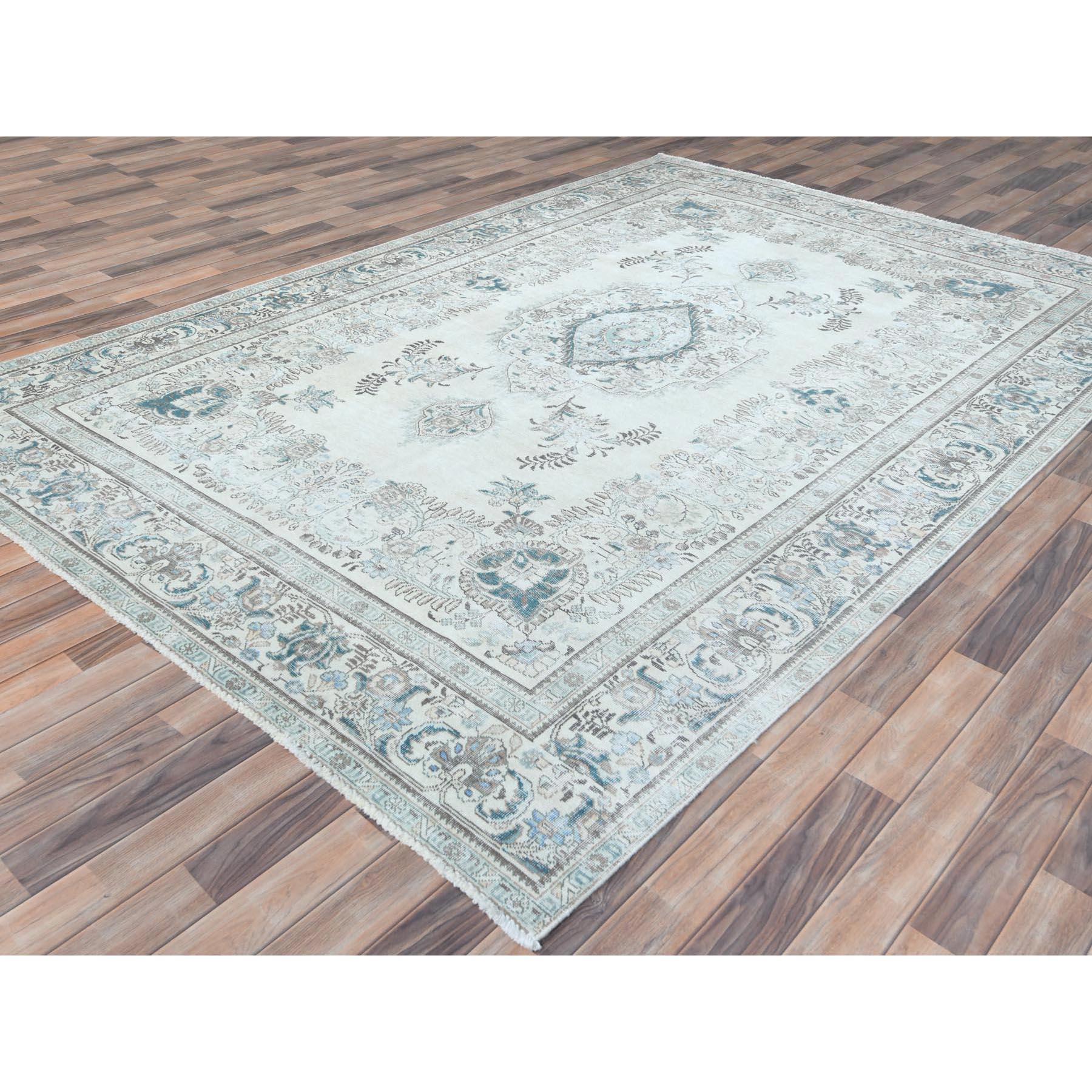 Gray Hand Knotted Worn Wool Vintage Persian Tabriz Distressed Look Oriental Rug In Good Condition In Carlstadt, NJ