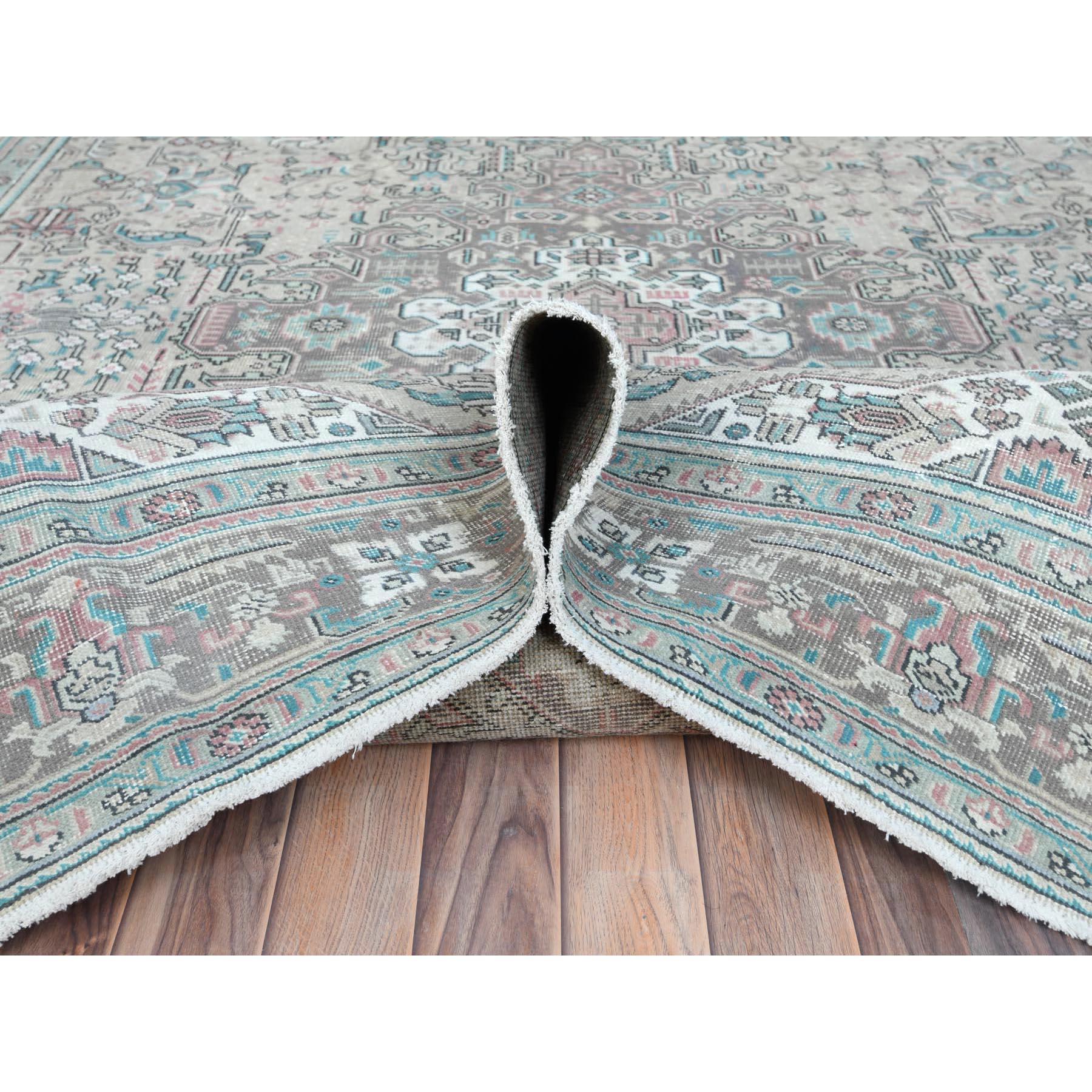 Grey Hand Knotted Worn Wool Vintage Persian Tabriz Distressed Look Oriental Rug For Sale 1