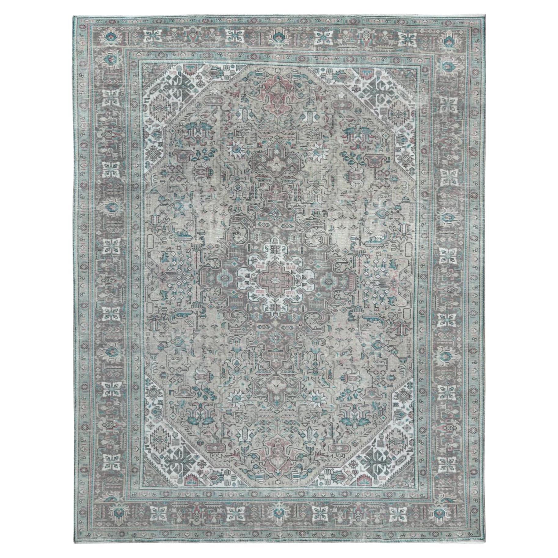 Grey Hand Knotted Worn Wool Vintage Persian Tabriz Distressed Look Oriental Rug For Sale