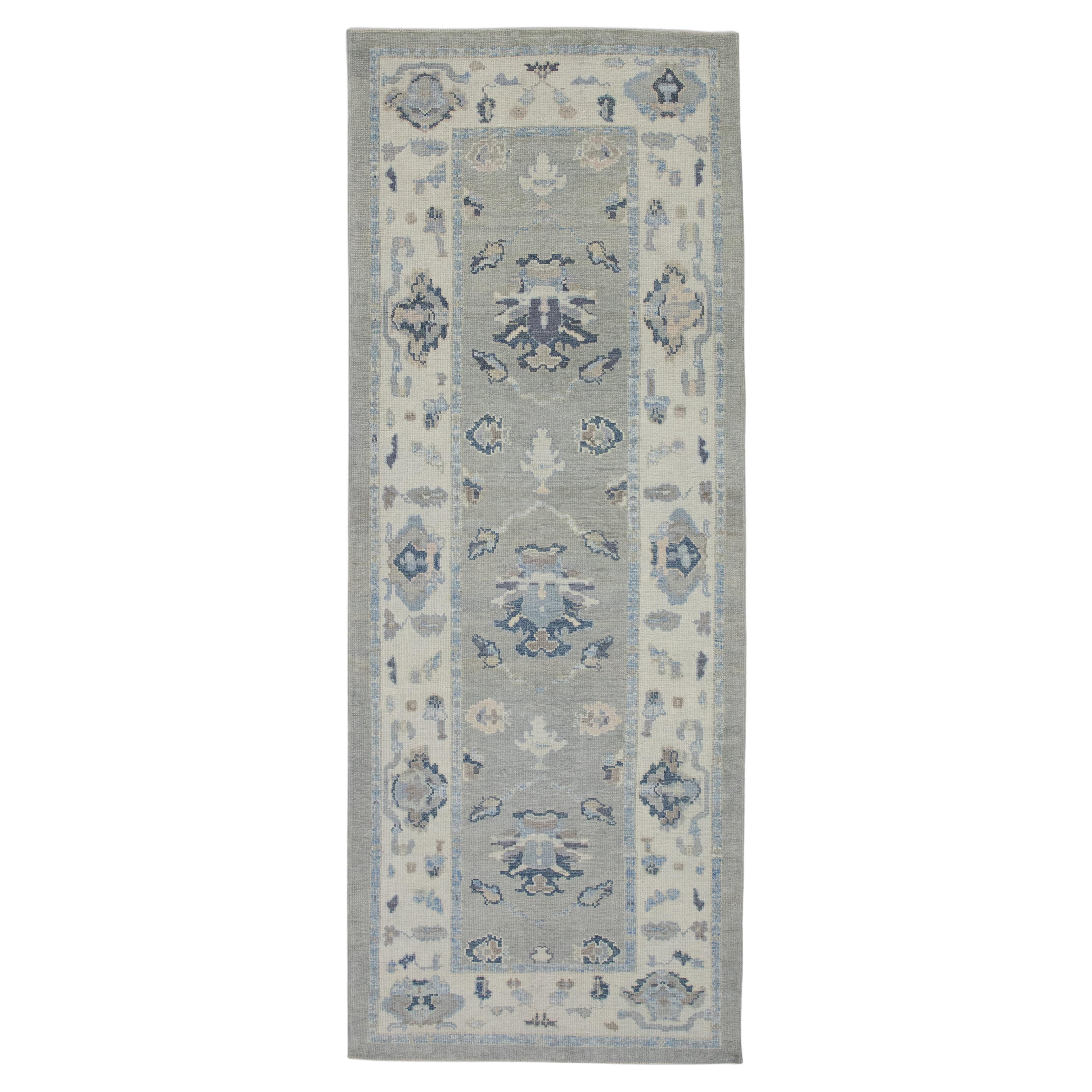 Gray Handwoven Wool Turkish Oushak Runner 4'1" X 10'6" For Sale