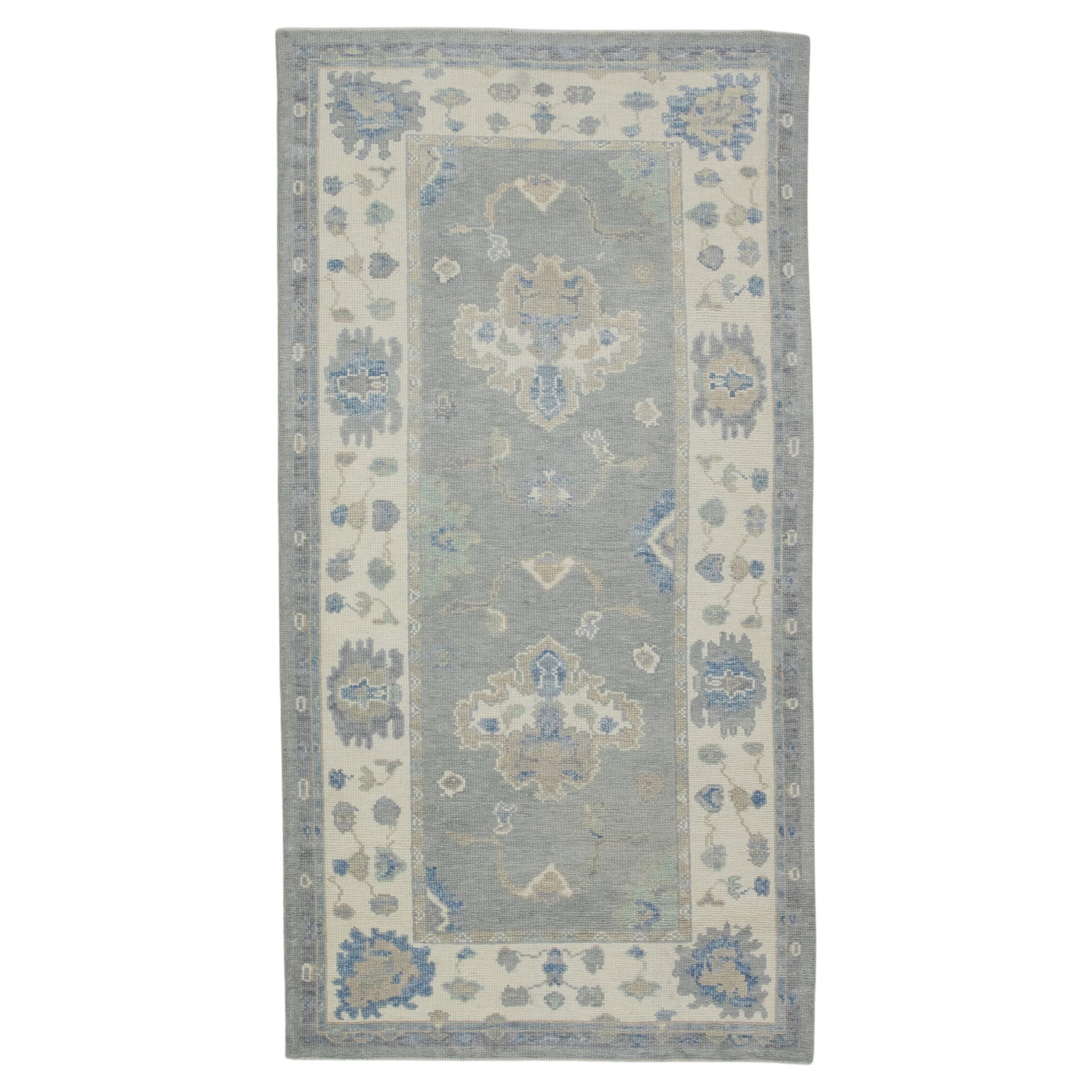 Gray Handwoven Wool Turkish Oushak Runner 4'1" X 7'11" For Sale