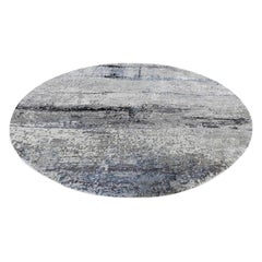 Gray Hi Low Pile Abstract Design Round Wool and Silk Hand Knotted Rug