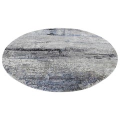 Gray Hi low Pile Abstract Design Round Wool and Silk Hand Knotted Rug