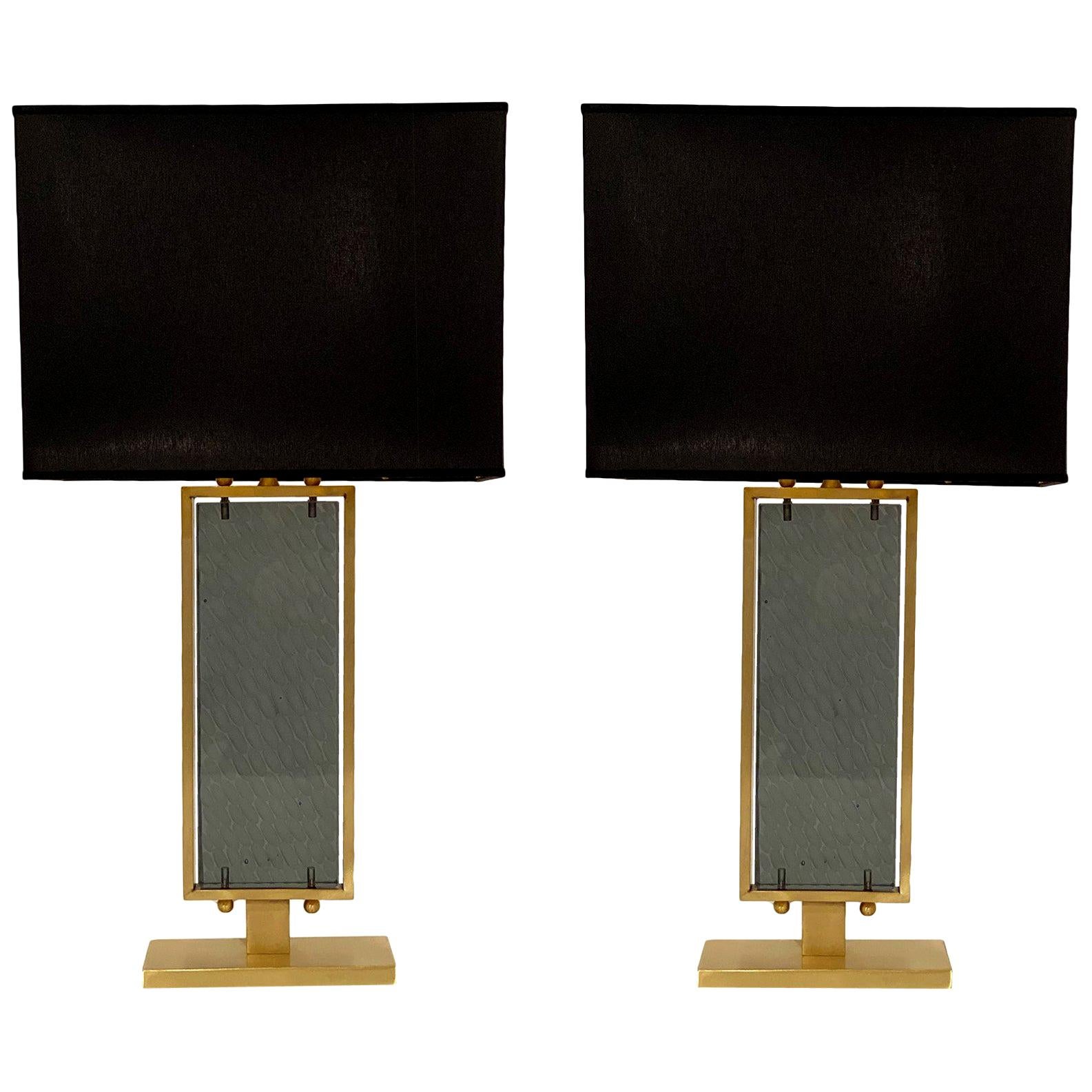 Gray Hued Murano Glass and Brass Table Lamps