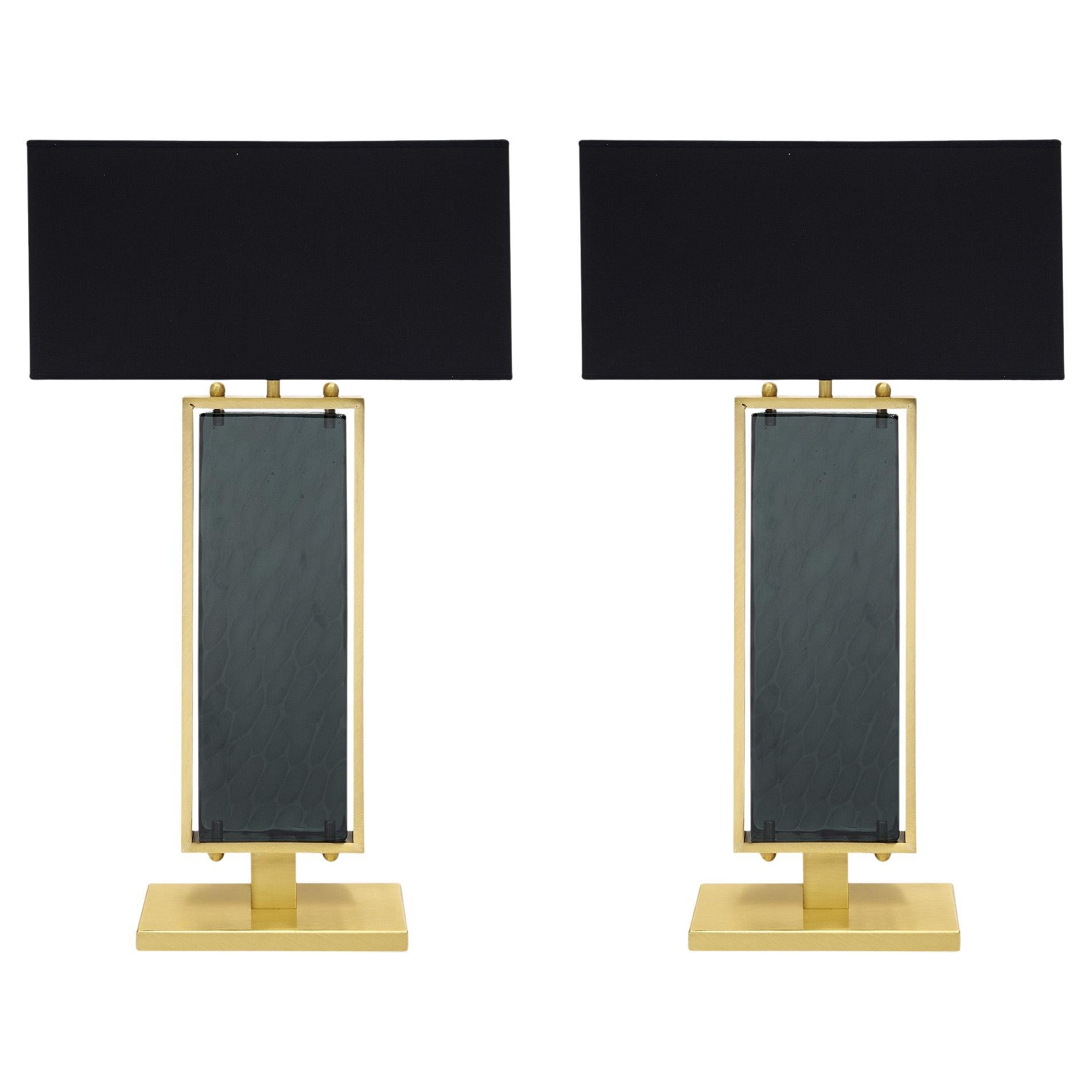 Gray Hued Murano Glass and Brass Table Lamps