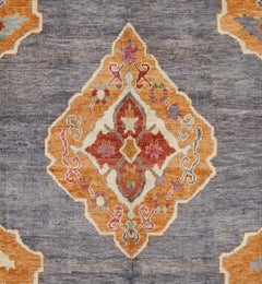 Gray, Ivory, Orange Contemporary Handmade Wool Turkish Oushak Rug