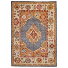 Gray, Ivory, Orange Contemporary Handmade Wool Turkish Oushak Rug