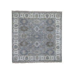 Gray Karajeh Design Square Pure Wool Hand Knotted Oriental Rug Gray Karajeh Design Square Pure Wool Hand Knotted Oriental Rug