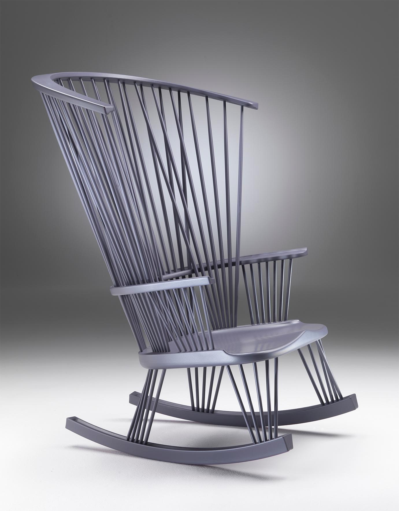 Contemporary Gray Lacquered Sitlali Rocking Armchair in solid wood by Philippe Bestenheider For Sale