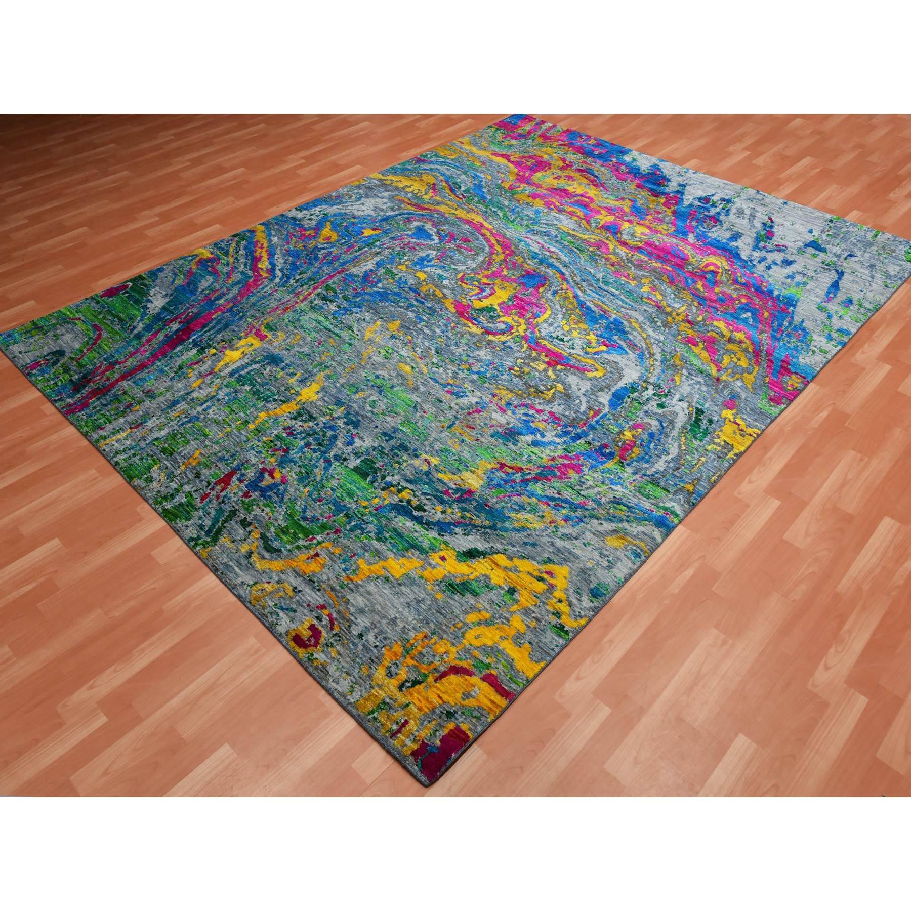 Modern Gray Lava Design Sari Silk with Wool Hand Knotted Oriental Rug For Sale