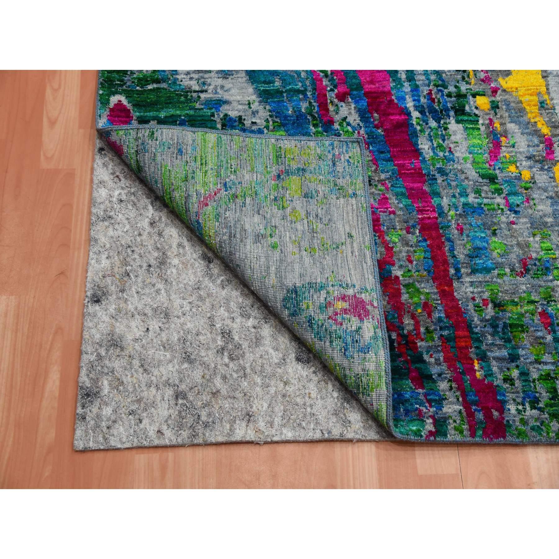 Indian Gray Lava Design Sari Silk with Wool Hand Knotted Oriental Rug For Sale
