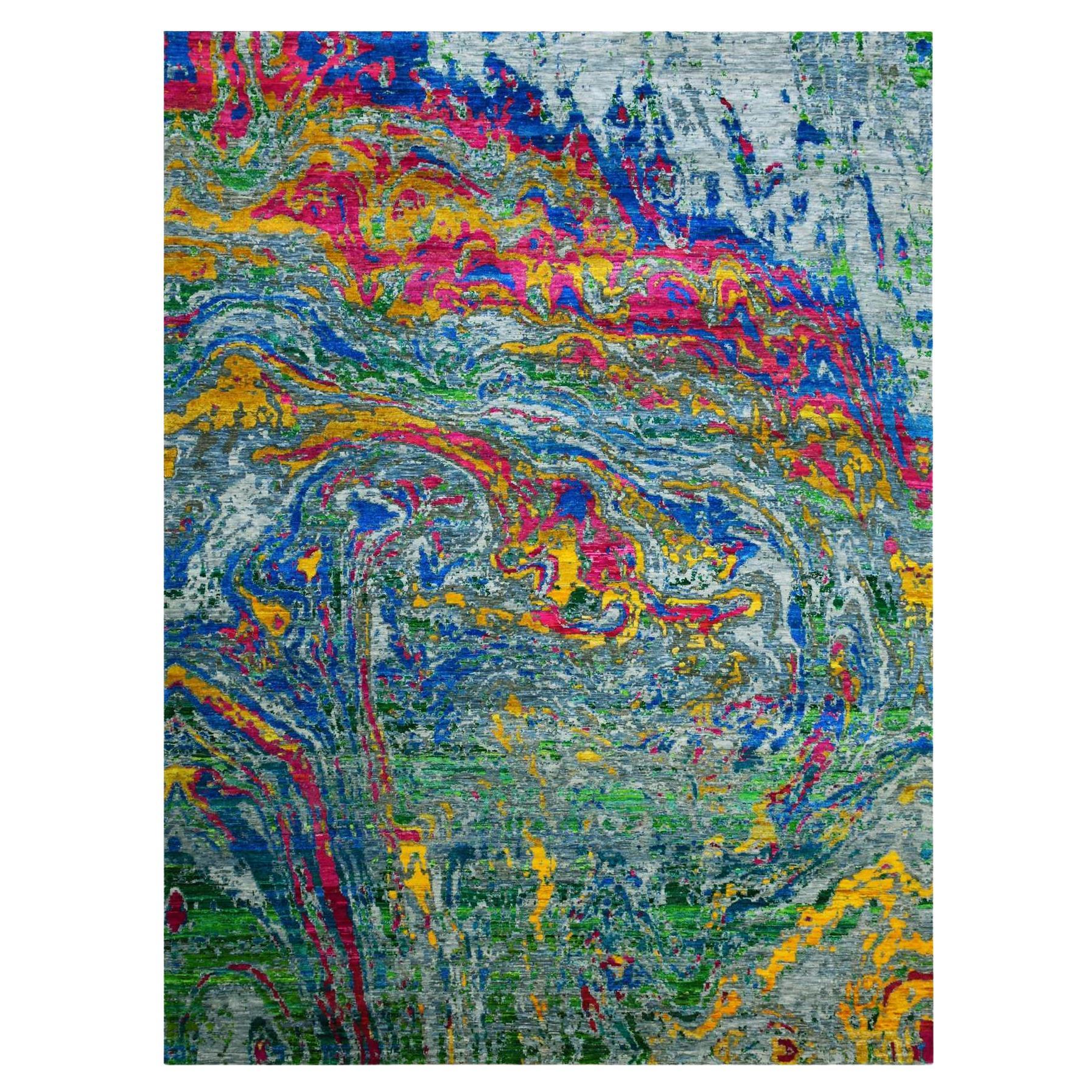 Gray Lava Design Sari Silk with Wool Hand Knotted Oriental Rug