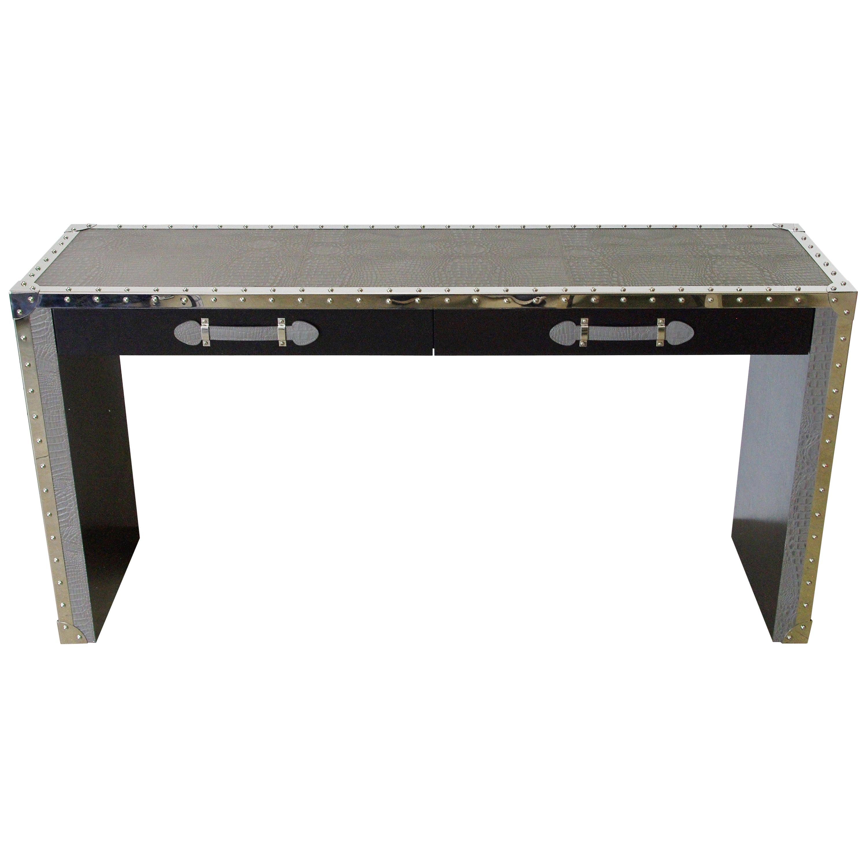 Gray Leather and Stainless Steel Console Table by Fabio Ltd