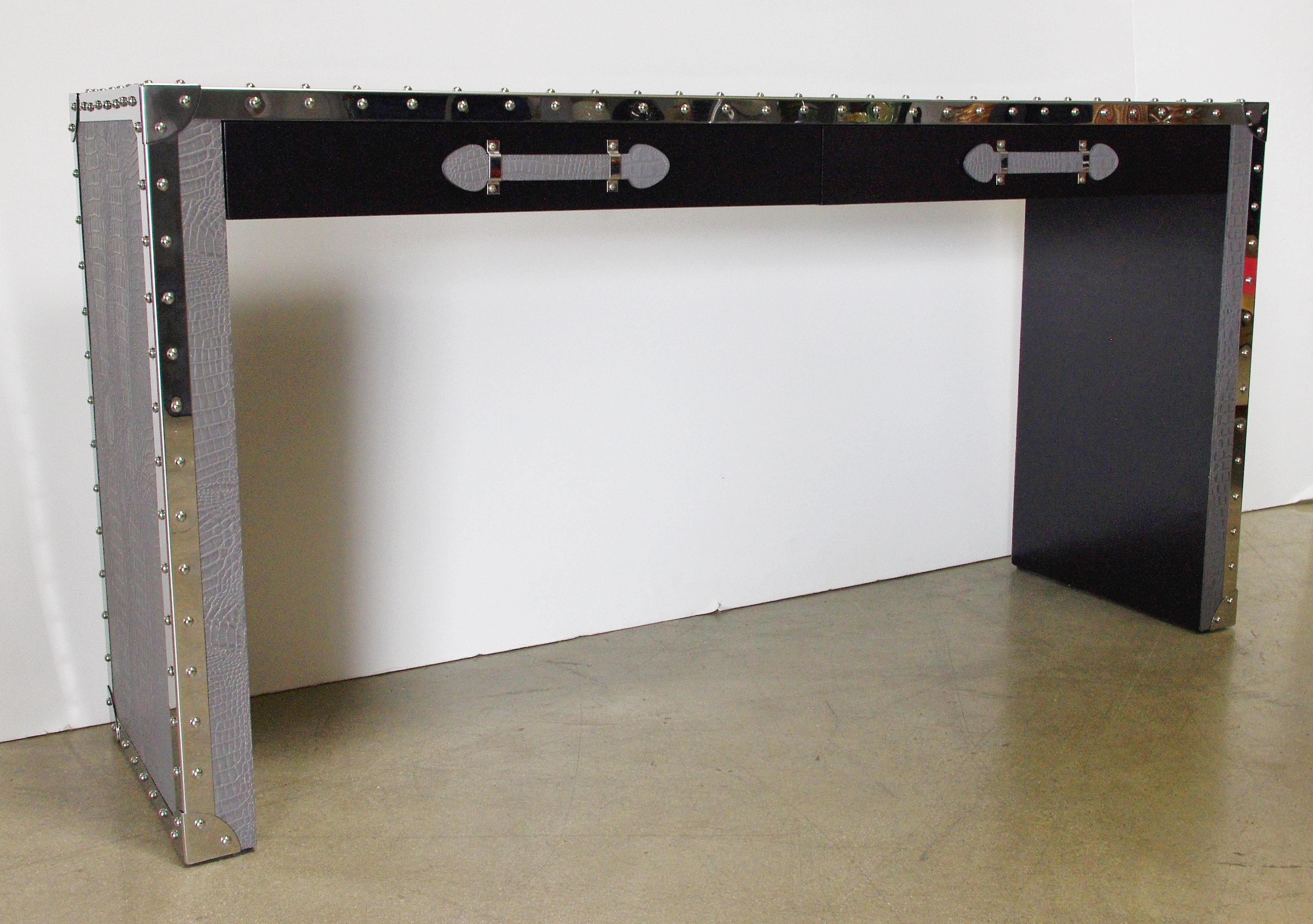 Italian Gray Leather and Stainless Steel Console Table by Fabio Ltd For Sale