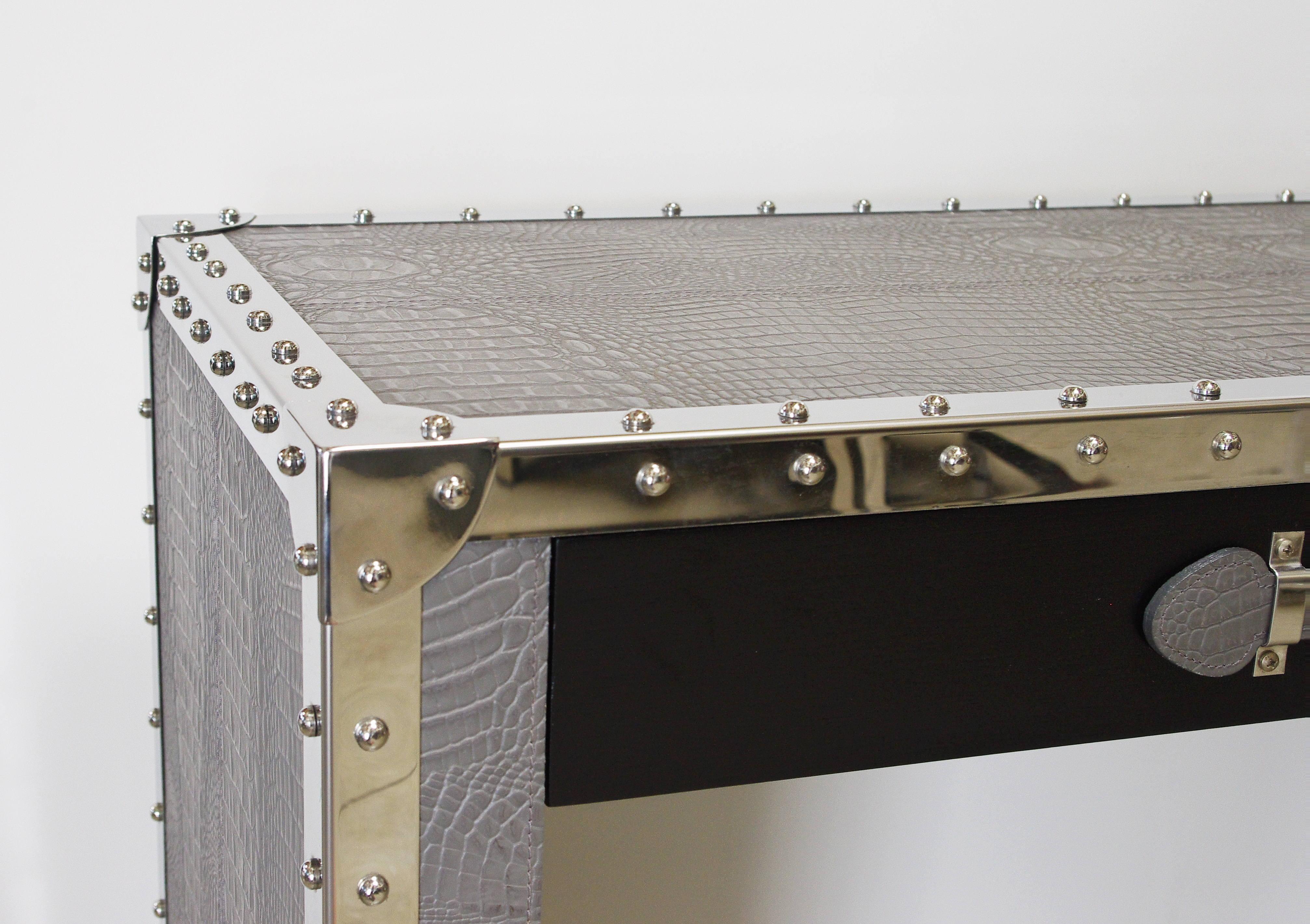 Pressed Gray Leather and Stainless Steel Console Table by Fabio Ltd For Sale