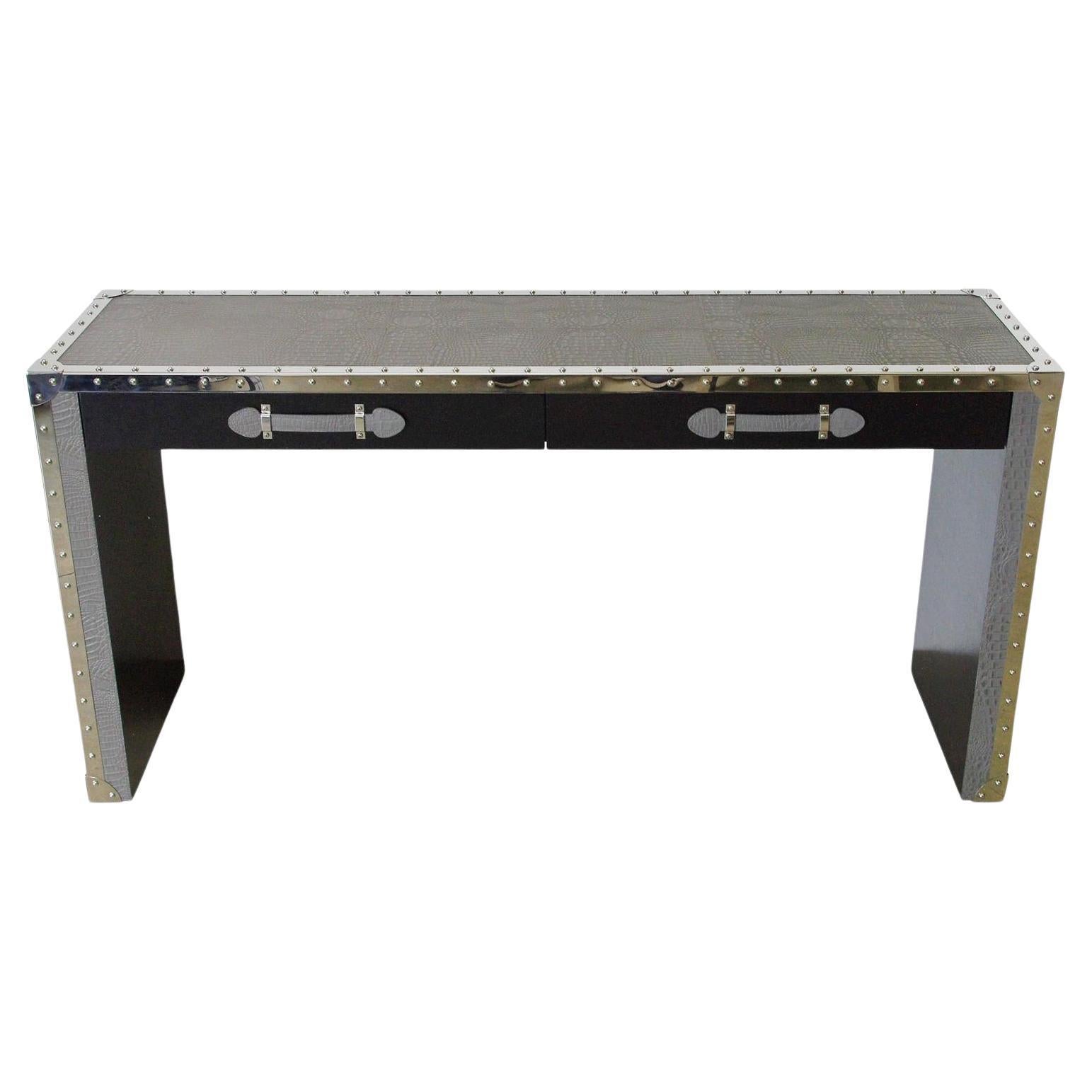 Gray Leather and Stainless Steel Console Table by Fabio Ltd