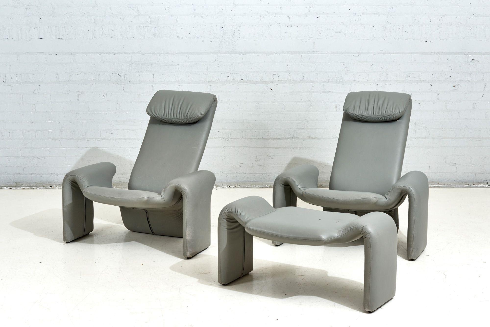 Post-Modern Gray Leather Lounge Chairs and Ottoman by Steve Leonard for Brayton Intl, 1980 For Sale