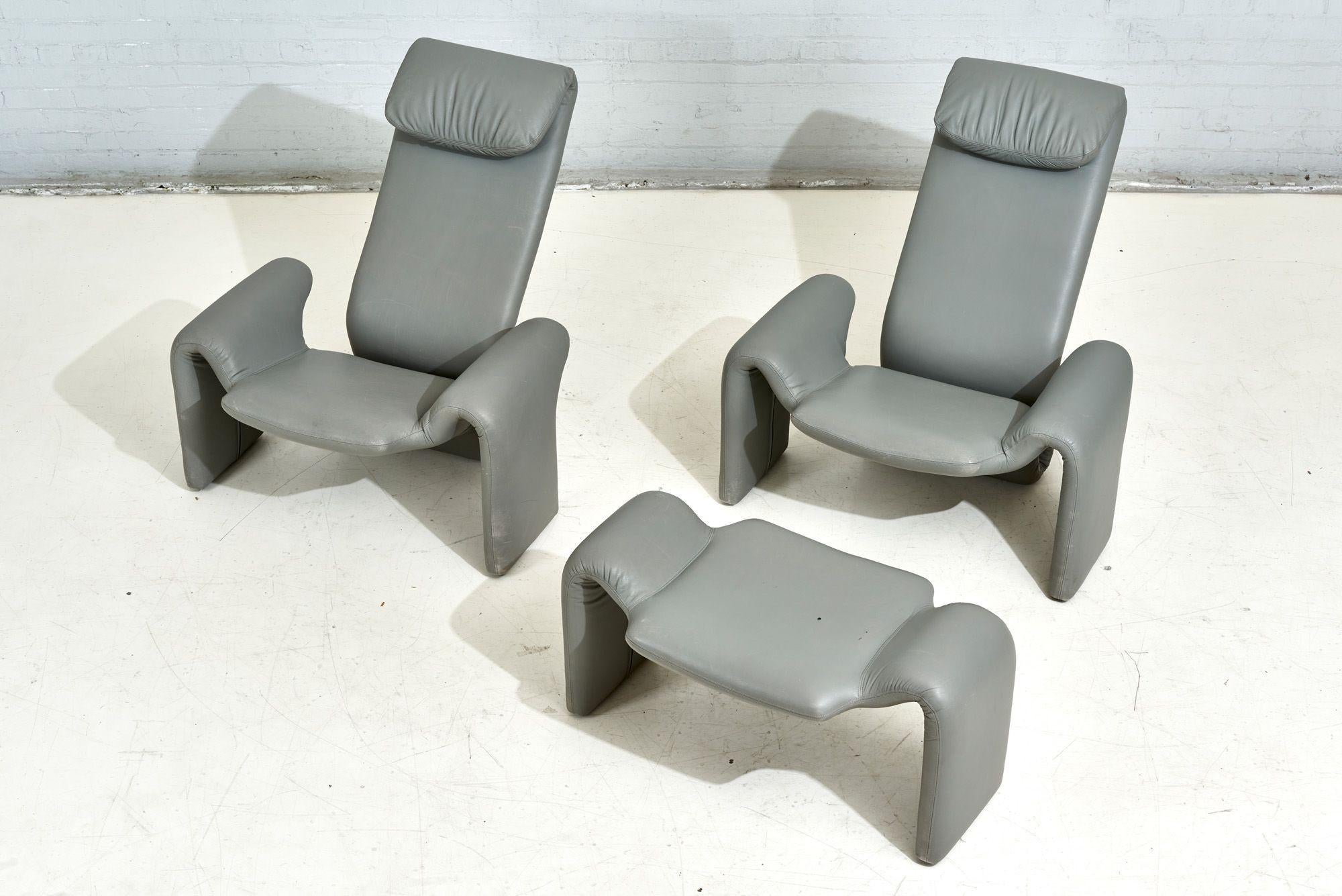 American Gray Leather Lounge Chairs and Ottoman by Steve Leonard for Brayton Intl, 1980 For Sale