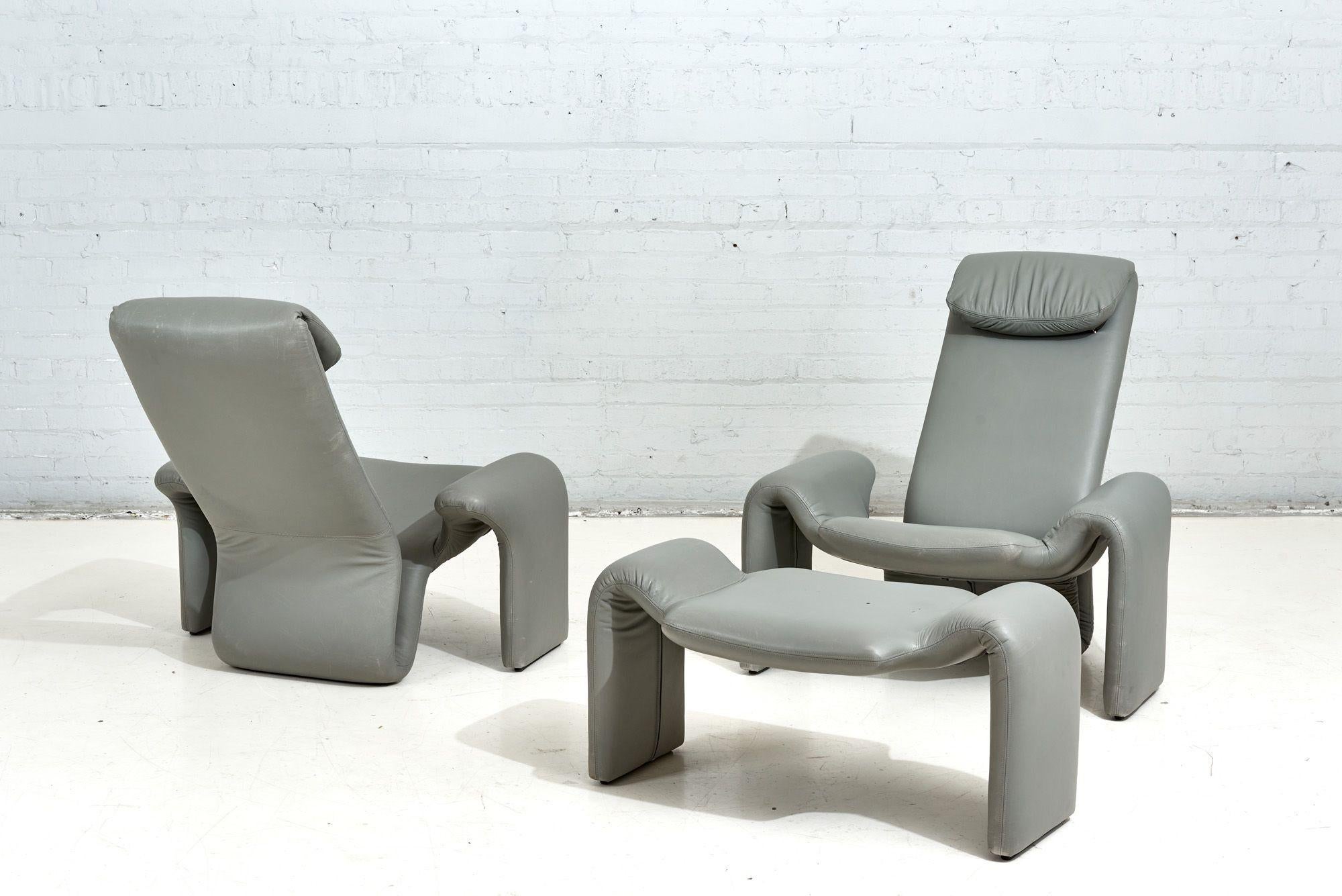 Gray Leather Lounge Chairs and Ottoman by Steve Leonard for Brayton Intl, 1980 In Good Condition For Sale In Chicago, IL