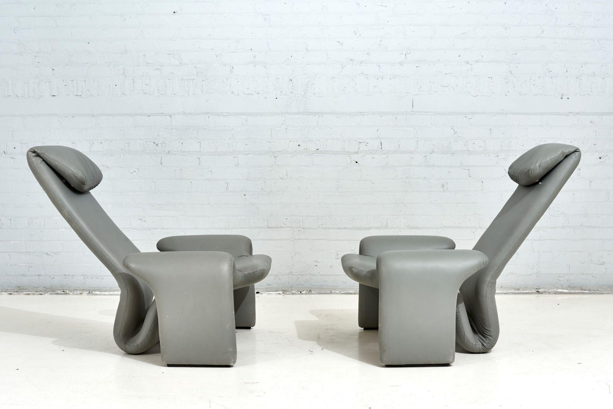 Late 20th Century Gray Leather Lounge Chairs and Ottoman by Steve Leonard for Brayton Intl, 1980 For Sale
