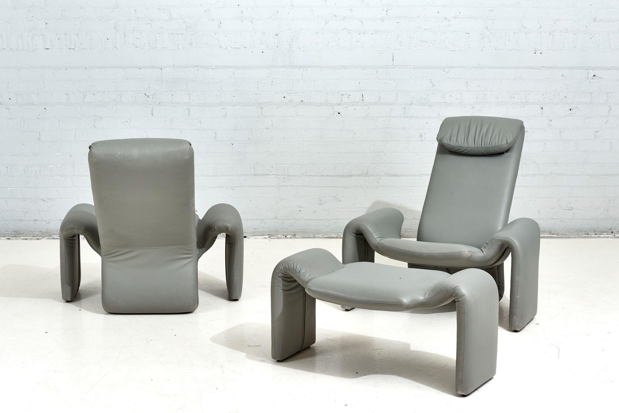 Gray Leather Lounge Chairs and Ottoman by Steve Leonard for Brayton Intl, 1980 For Sale 1