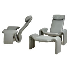 Vintage Gray Leather Lounge Chairs and Ottoman by Steve Leonard for Brayton Intl, 1980