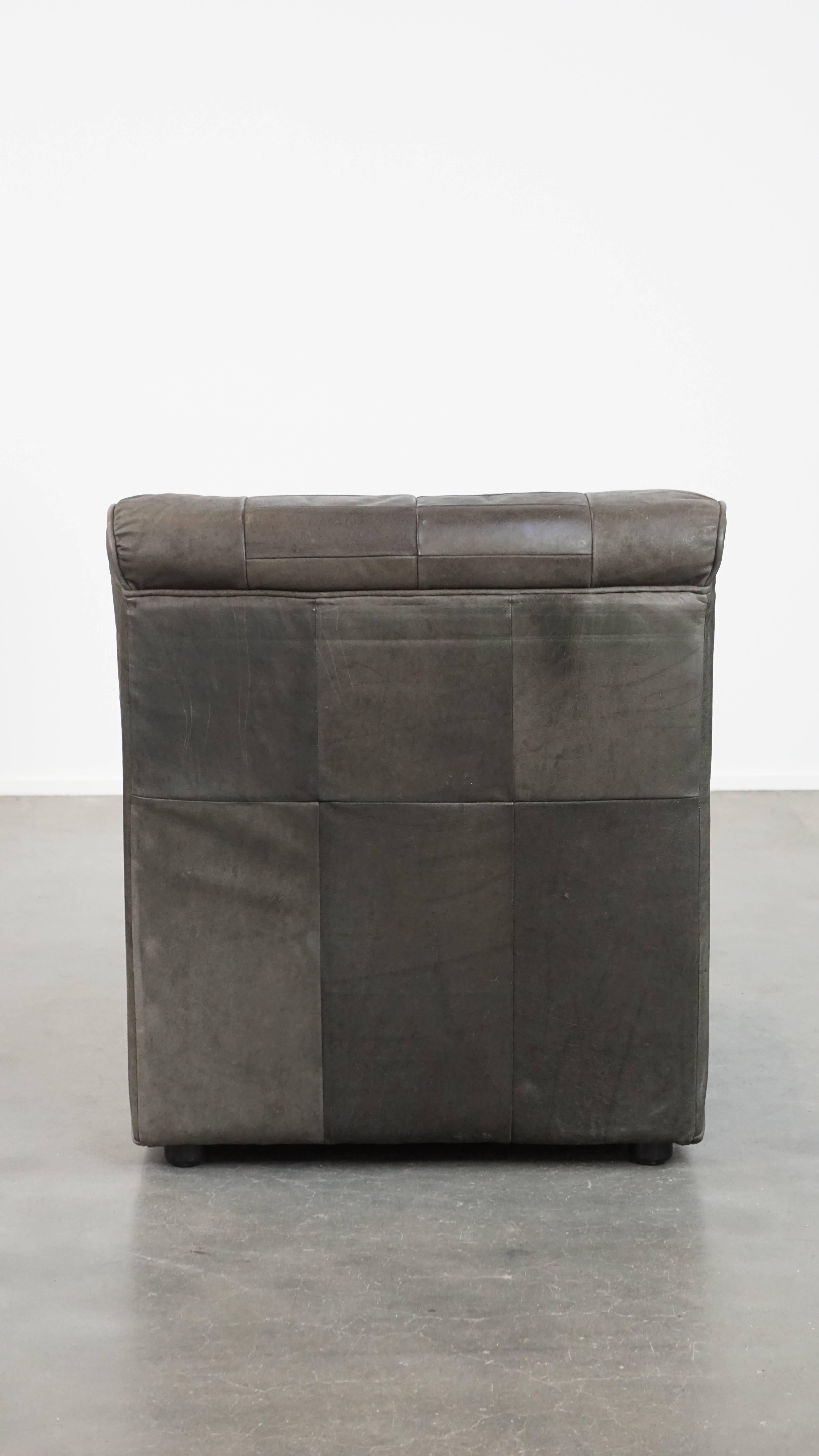 Hand-Crafted Gray Leather Vintage Design Armchair from the 1970s For Sale
