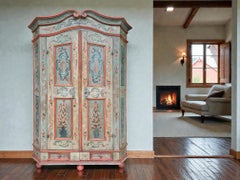 Gray - Light Green Floral Painted Cupboard - 18th Century