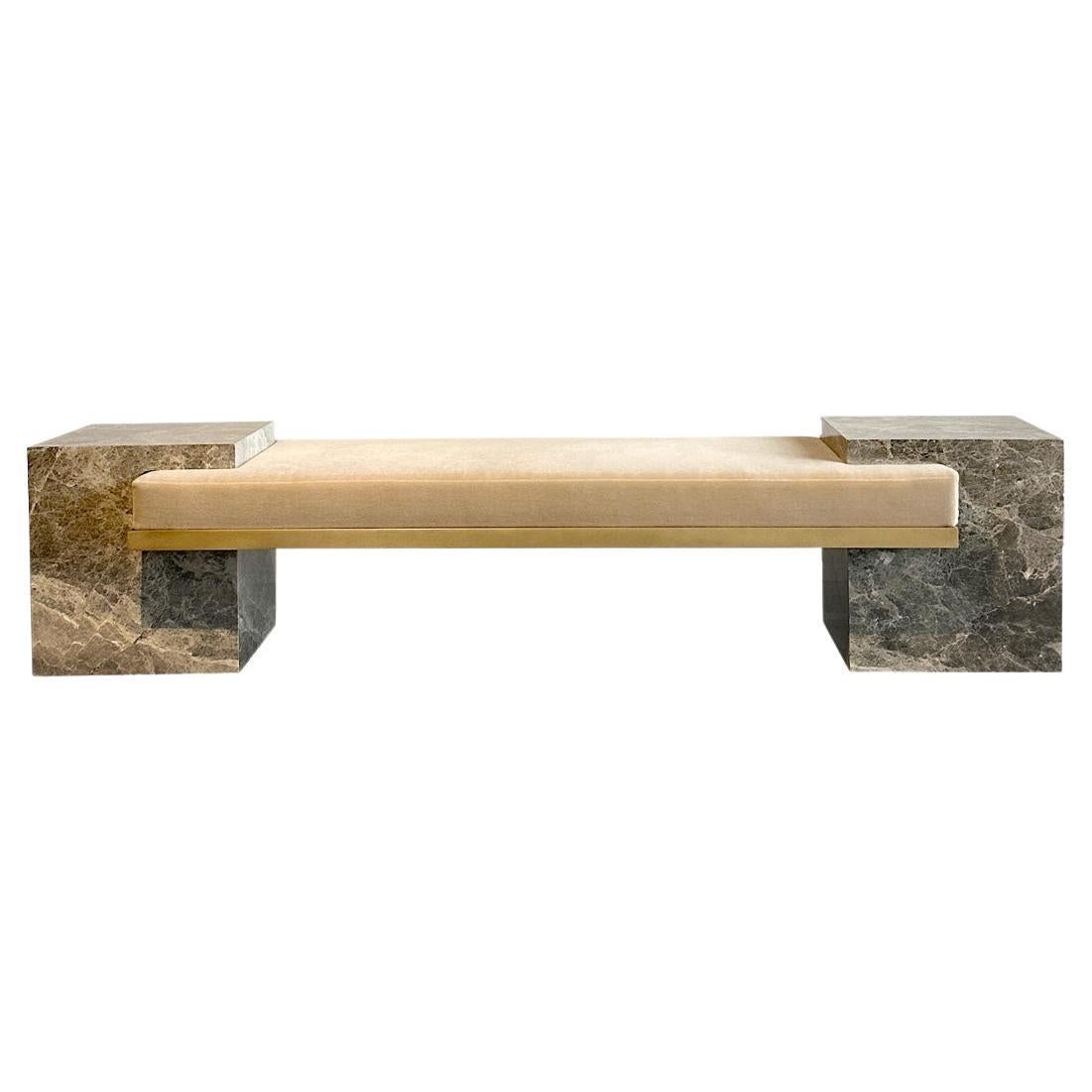 The coexist bench uses balance and delicate harmony of materials meeting. The bench consists of a brushed brass frame, Fior di Bosco marble cubes, and mattress upholstered in cream mohair fabric. This elegant and symmetrical piece is perfect for a