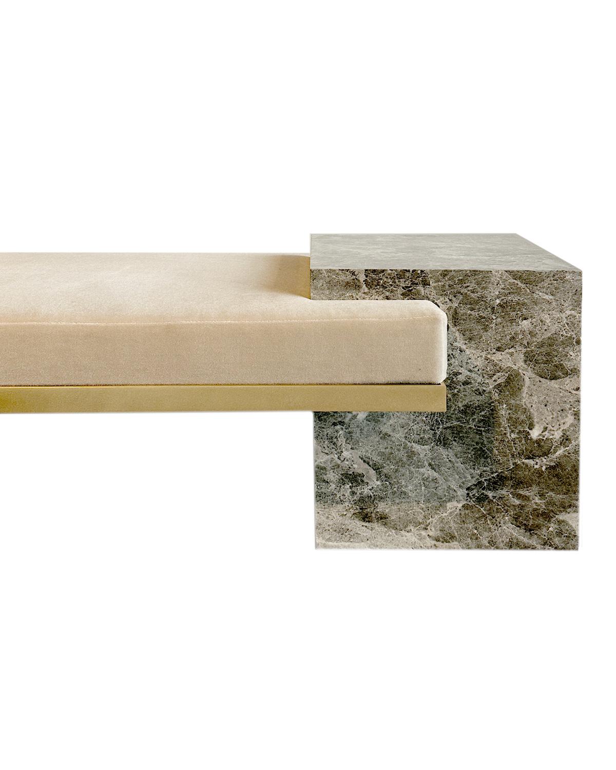 Minimalist Gray Marble, Brass, and Mohair Coexist Bench by Slash Objects in stock