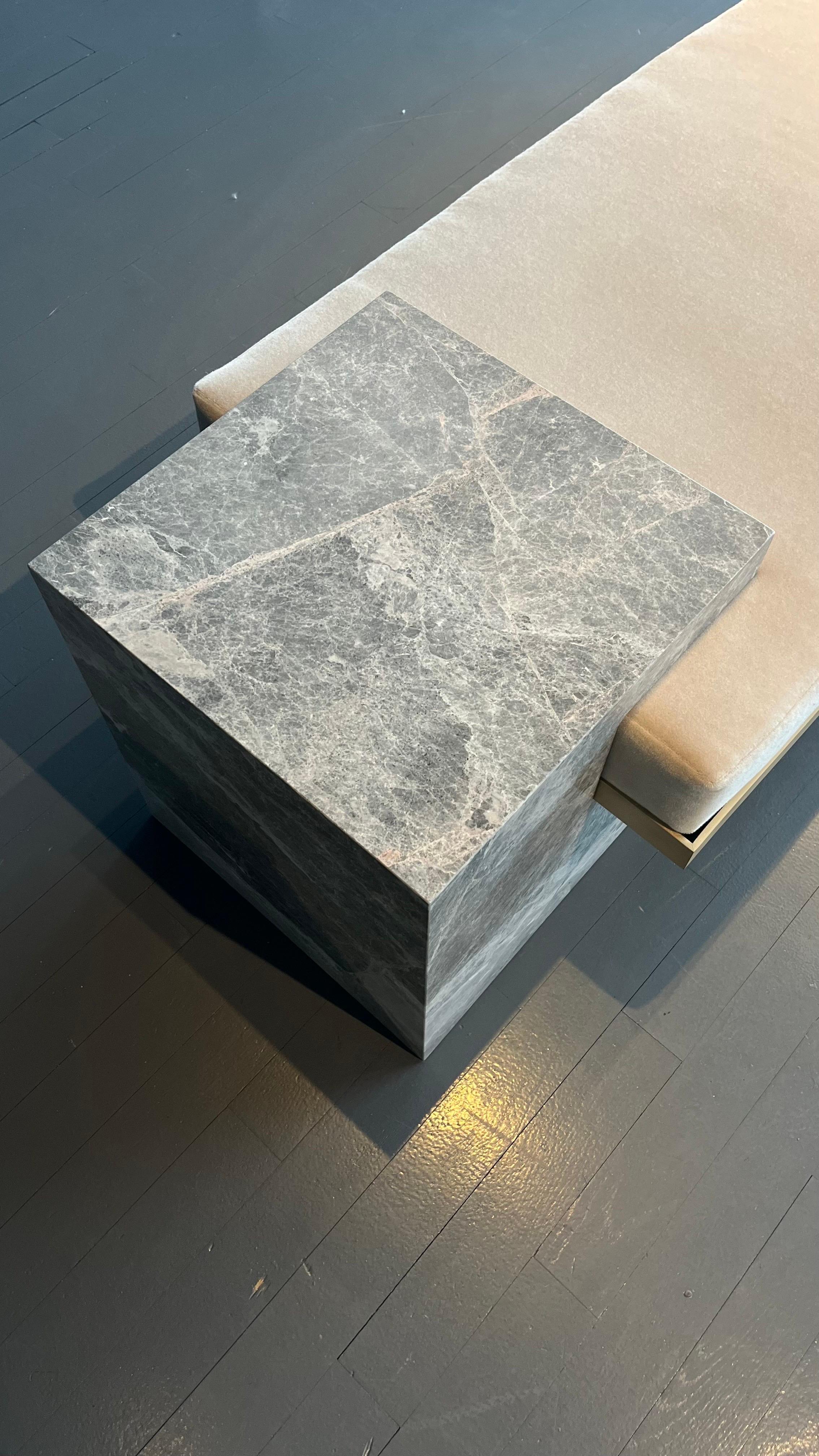 American Gray Marble, Brass, and Mohair Coexist Bench by Slash Objects in stock