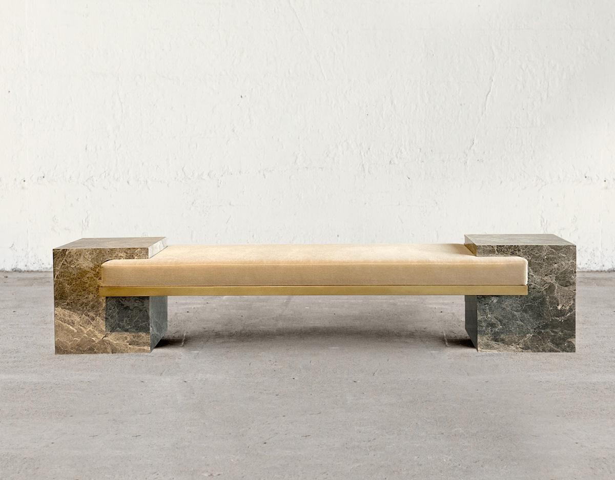 Gray Marble, Brass, and Mohair Coexist Bench by Slash Objects in stock In Excellent Condition In Brooklyn, NY