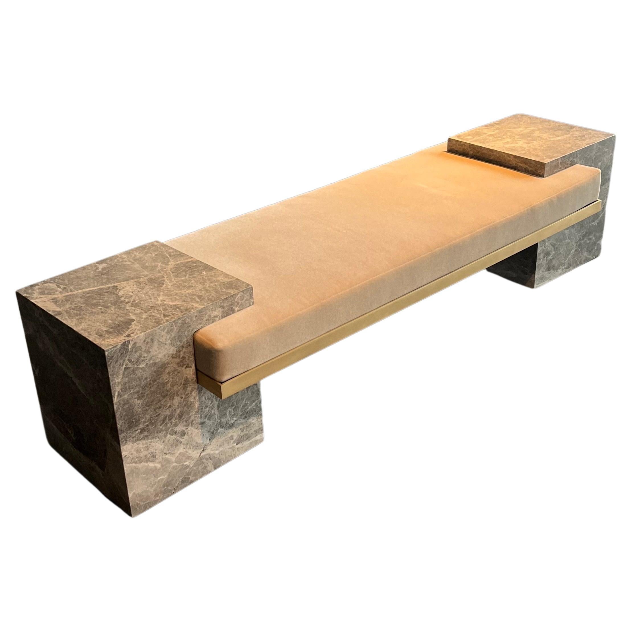 Gray Marble, Brass, and Mohair Coexist Bench by Slash Objects in stock
