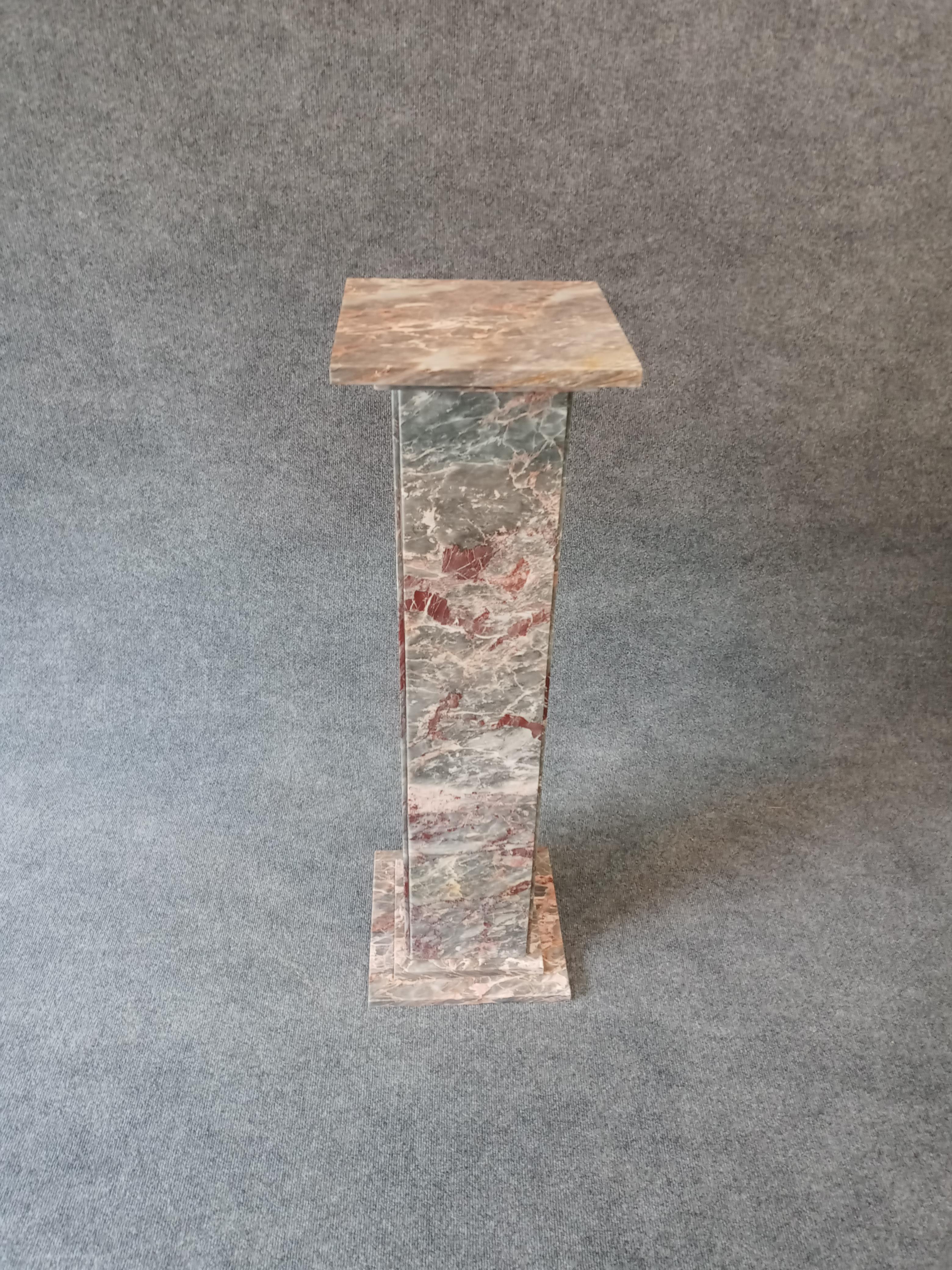 Gray marble square top and base pedestal table. Solid marble construction with attractive multi-color graining.