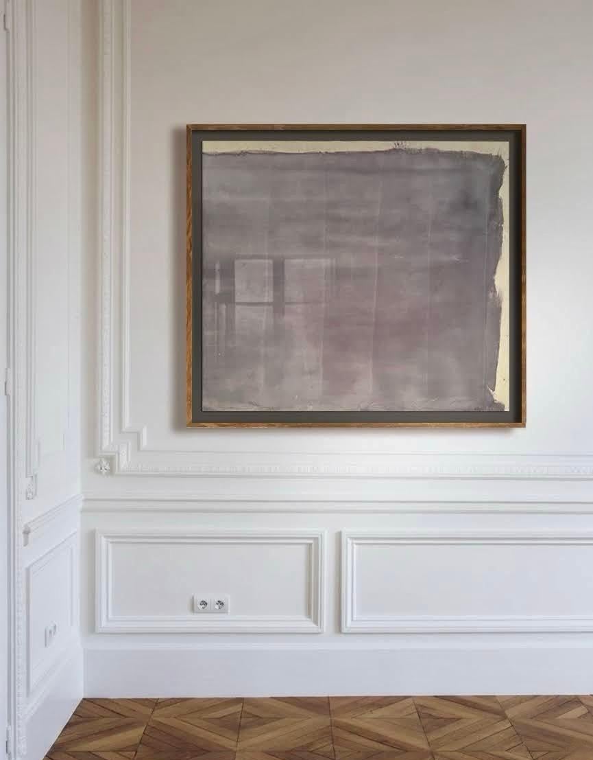 Original painting by contemporary Swedish artist Nicolas Makelberge. Purple-gray ink and color pigments dyed in layers on raw cotton canvas, floating mount behind glass in custom waxed oak frame. Signed by the artist and certificate of authenticity