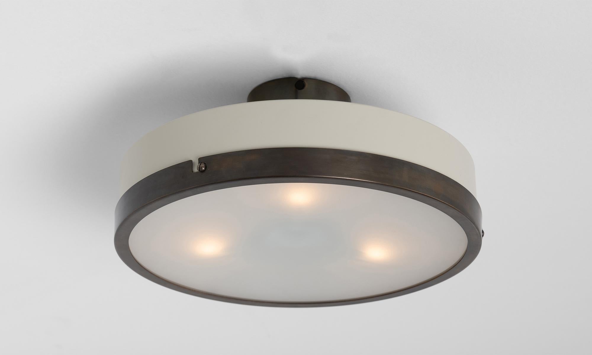 Cream Metal and Satin Glass Ceiling Mount
Made in Italy
Cream metal surround with brass hardware and satin glass diffuser.
10”dia x 4.5”h
Ref. L4365

*4-6 Week Lead Time*
*EU Wiring / Not UL Listed*
*Mounting Hardware Included, Ceiling Plate = 3